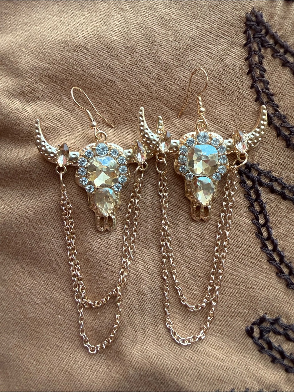 Gold Crystal Bull Head Dangle Earrings - Women Jewelry